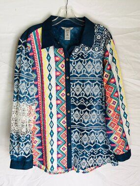 John Mark Women's Size XL Mixed Embroidered Button Up Tunic Top